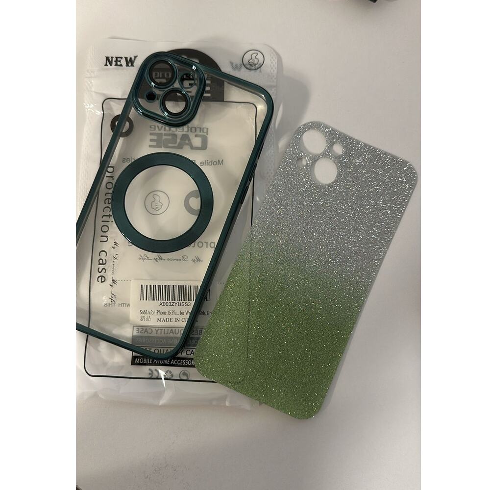 Protective case for iPhone 15 Plus with a removable inner glitter layer